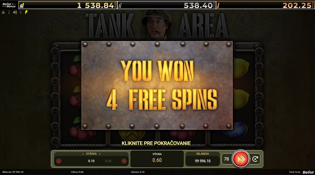 Spustenie Free rounds v hracom automate Tank Area