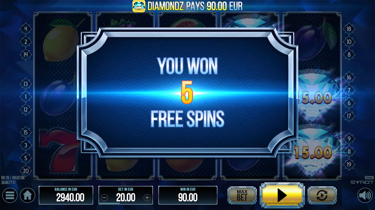 Získané freespiny na online automate DiamondZ